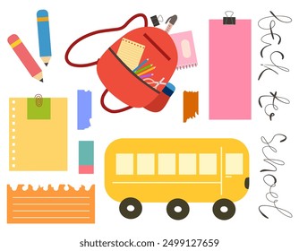 Vector set of school supplies isolated on white background. Including notebook, marker pencil, shoulder bag, scissors, paper-clip, memo, sticky note, backpack, torn paper, tape, and school bus.