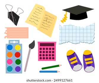 Vector set of school supplies isolated on white background. Including books, pencil, paper-clip, memo, sticky note, toga, shoes, watercolors, brushes, calculator and torn grid paper.