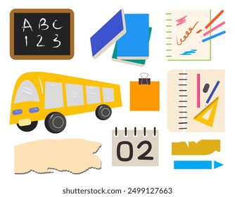 Vector set of school supplies isolated on white background. Including books, pen, pencil, eraser, ruler, paper-clip, school bus, blackboard, torn paper, memo, and calendar.