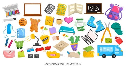 Vector set of school supplies isolated on white background. Including book, laptop, lamp, black board and white board, eraser, pencil, glasses, school bus and desk. Educational elements collection.