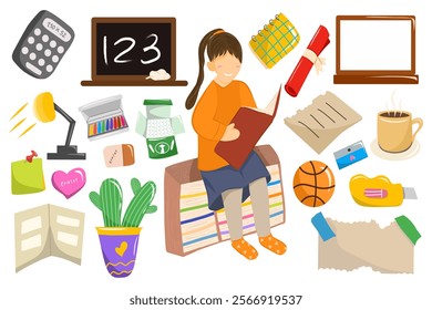 Vector set of school supplies isolated include girl student character reading a book and school equipment stuff.