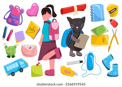 Vector set of school supplies isolated on white include smiley girl student, cute character of cat, back pack, notebook, sticky note, pencil and alarm.