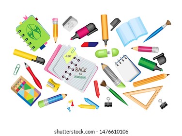 Vector set of school supplies on a transparent background.