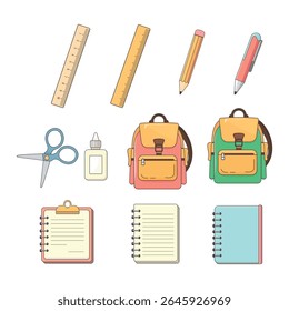 Vector set of school supplies on white background — backpack, pen, pencil, notebook, notepad, diary, scissors and glue, flat colorful icons for kids education, back to school, knowledge day