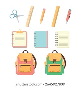 Vector set of school supplies on white background — backpack, pen, pencil, notebook, notepad, diary and scissors, flat colorful icons for kids education, back to school, knowledge day, learning tools