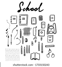 Vector set of school supplies outline sketches isolated on white background. Hand drawn stationery set. Vector doodle illustration. Set of school accessories, elements for decoration and study. Design