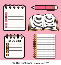 Vector Set of School Supplies: Pen, Notebook, To-Do List Graphics