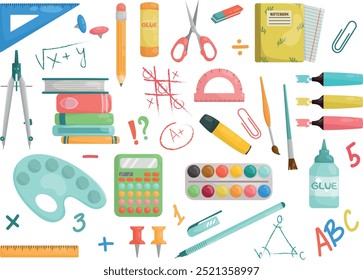 Vector set of school supplies. Rulers, scissors, notebook, pencil, pen, compass, stack of books, glue, paints, palette, highlighter.