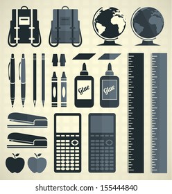 Vector Set: School Supplies Silhouettes and Icons