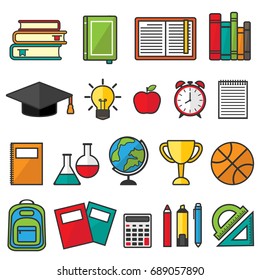 Vector set of school supplies and stationery. Graduate hat, alarm clock, books, apple, rulers, ball, goblet, paints, markers, pen pencil, lab flasks, notebooks, globe, backpack and other line icons