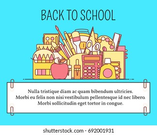 Vector set of school supplies or stationery. Back to school concept poster, banner, modern flat line style design element.