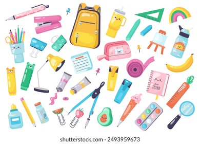 Vector conjunto de útiles escolares para el estudio, la educación, la escuela, la universidad en estilo kawaii. De vuelta a la escuela. Mochila, libro, pinturas, Regla, bolígrafo, lápiz, cuadernos, material de escritura para oficina y escuela