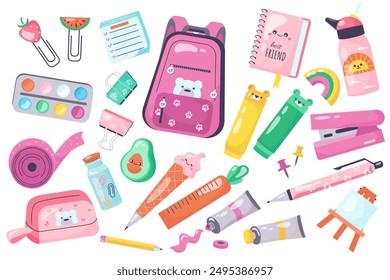 Vector set of school supplies for study, education, school, university in kawaii style. Back to school. Backpack, book, paints, ruler, pen, pencil, notebooks, writing supplies for girls