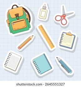 Conjunto vetorial de adesivos de suprimentos escolares - caneta, lápis, notebook, mochila, régua, cola, tesoura - rótulos coloridos no fundo branco para Voltar à Escola, Dia do Conhecimento, 1º de setembro e educação infantil
