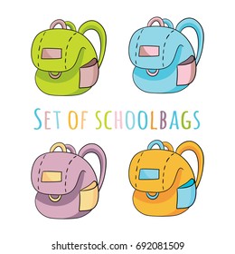 Vector set of schoolbags flat illustration. Hand draw bag for school.