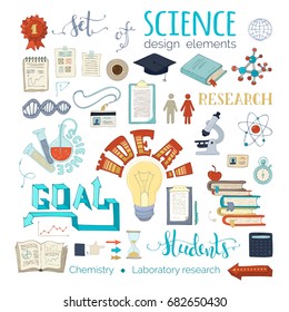 Vector set of science design elements and icons. Chemistry and laboratory research symbols. Dna, molecules, books, test-tubes, microscope and other objects. Scene creator items. Top view.