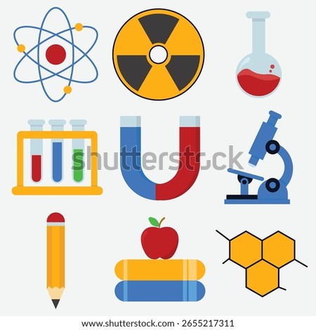 Vector set of science and education icons including atom symbol radioactive sign laboratory flask test tubes magnet microscope pencil books apple and honeycomb designed in flat colorful style
