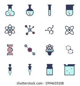 Vektorset von Science-Symbolen. Flache Zeilensymbole, molekulare Symbole und Flask-Icon-Set. Einfache Ideen für Grafikdesign. Einfache Kollektion von Rahmenelementen.
