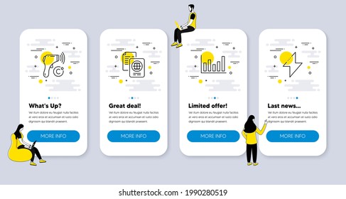 Vector Set of Science icons related to Column chart, Passport document and Electronic thermometer icons. UI phone app screens with people. Energy line symbols. Vector