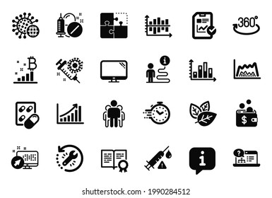 Vector Set of Science icons related to Report checklist, Vaccine attention and Certificate icons. Graph chart, Web system and Diagram graph signs. Capsule pill, Computer and Online help. Vector