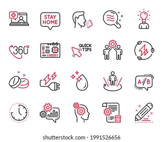 Vector Set of Science icons related to Brand contract, Stay home and Cough icons. Employees teamwork, Medical help and Ab testing signs. Settings blueprint, Electricity plug and 360 degree. Vector