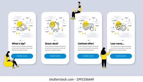 Vector Set of Science icons related to Time management, Sunny weather and Computer keyboard icons. UI phone app screens with people. Seo gear line symbols. Alarm clock, Hold sun, Pc device. Vector