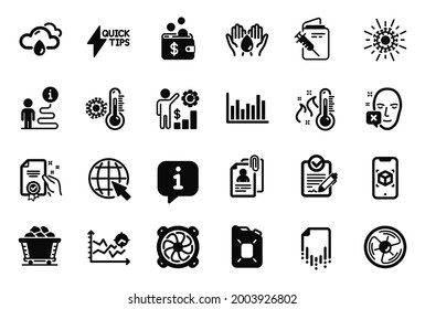 Vector Set of Science icons related to Augmented reality, Coal trolley and Thermometer icons. Interview documents, Internet and Coronavirus signs. Quickstart guide, Certificate and Rfp. Vector