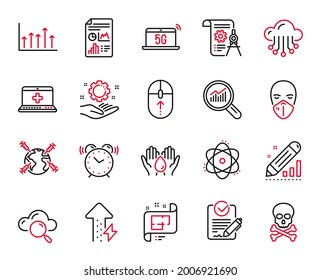 Vector Set of Science icons related to Medical mask, Energy growing and Employee hand icons. Divider document, Edit statistics and Report document signs. 5g notebook, Data analysis and Atom. Vector