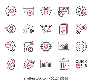 Vector Set of Science icons related to Coronavirus vaccine, Seo targeting and Electronic thermometer icons. Timer, Idea and Cloud computing signs. Medical mask, Quick tips and Recovery trash. Vector