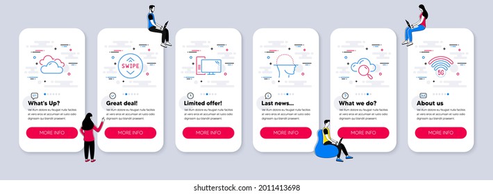 Vector Set of Science icons related to Computer, Cloud computing and Swipe up icons. UI phone app screens with teamwork. Face scanning, Cloudy weather and 5g wifi line symbols. Vector