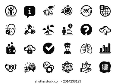 Vektorset von Wissenschaftssymbolen zu Seo Timer, World Money und Idea Icons. Angepasstes Gesicht, Zeitmanagement und Volldrehungszeichen. Cloud-Upload, Fragezeichen und Cpu-Prozessor. Lungen. Vektorgrafik