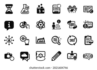 Vector Set of Science icons related to Bitcoin system, Copyright and Recovery photo icons. Weather forecast, 360 degrees and Time signs. Networking, Skin condition and Marketing. Atom. Vector