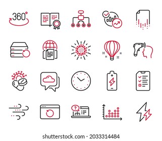 Vector Set of Science icons related to Time, Battery charging and Electronic thermometer icons. Electricity, Online help and Windy weather signs. Time web symbol. Vector
