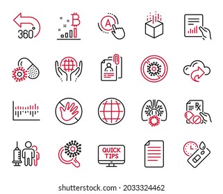 Vector Set of Science icons related to Coronavirus research, Organic tested and Column diagram icons. Do not touch, Globe and Coronavirus lungs signs. Cloud share, File and Web tutorials. Vector