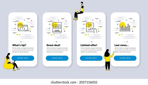 Vector Set of Science icons related to Document, Ssd and Time management icons. UI phone app screens with people. Bar diagram line symbols. File with diagram, Memory disk, Laptop device. Vector