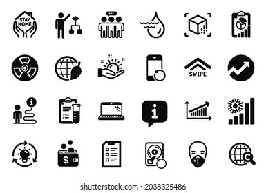 Vector Set of Science icons related to Environment day, Recovery phone and Medical analyzes icons. Idea, Report and Chemical hazard signs. Checklist, Swipe up and Laptop. Chart, Stay home. Vector