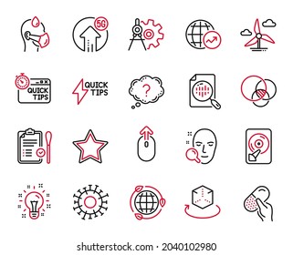 Iconos del conjunto de vectores de ciencia relacionados con el signo de interrogación, los iconos de Swipe up y Hdd. Señales de Star, Sick Man e Idea. Realidad aumentada, gráfico analítico y turbina de molino de viento. Diferentes de las ruedas de coagulación. Vector