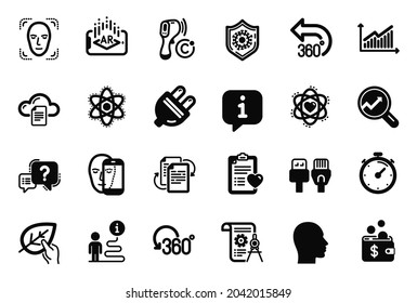 Iconos del conjunto vectorial de ciencias relacionados con átomo de química, rotación completa e iconos de almacenamiento de archivos. Documento divisor, signo de interrogación y señales de enchufe eléctrico. Realidad aumentada, Analytics y Graph. Vector