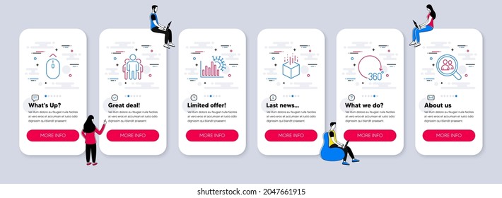 Vector Set of Science icons related to Group, 360 degrees and Swipe up icons. UI phone app screens with teamwork. Augmented reality, Coronavirus statistics and Search employees line symbols. Vector