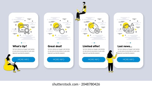 Vector Set of Science icons related to Certificate, 5g internet and Graph chart icons. UI phone app screens with people. Covid test line symbols. Certified file, Fast transmission, Get report. Vector