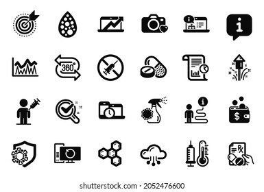 Vector Set of Science icons related to Cloud computing, 360 degree and Thermometer icons. Online documentation, Recovery computer and Medical drugs signs. Time management, No vaccine. Vector