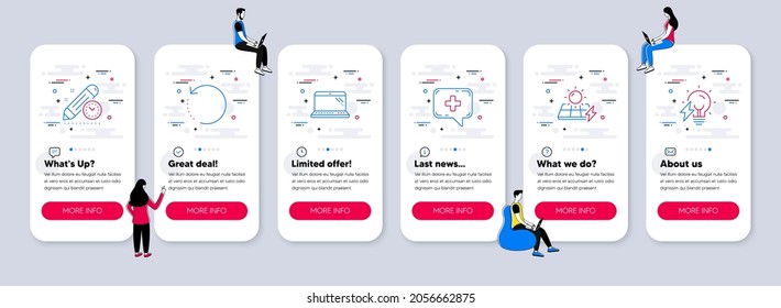 Vector Set of Science icons related to Medical chat, Laptop and Solar panels icons. UI phone app screens with teamwork. Recovery data, Project deadline and Electricity bulb line symbols. Vector