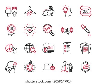 Vector Set of Science icons related to Checklist, 5g technology and Medical tablet icons. Chemistry pipette, 5g wifi and Heartbeat signs. Idea, Medical mask and Notebook service. Pie chart. Vector