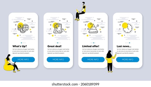 Vector Set of Science icons related to World money, Pyramid chart and Prescription drugs icons. UI phone app screens with people. Time line symbols. Global markets, Report analysis, Pills. Vector