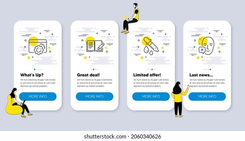 Vector Set of Science icons related to Chemistry pipette, Feedback and Seo gear icons. UI phone app screens with people. Face declined line symbols. Laboratory, Book with pencil, Settings. Vector