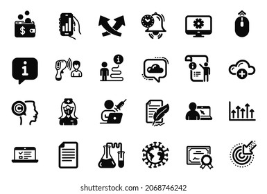 Vector Set of Science icons related to Electronic thermometer, Certificate and Coronavirus icons. Growth chart, Vaccination appointment and Swipe up signs. Chemistry lab, Monitor settings. Vector