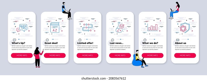 Vector Set of Science icons related to Quick tips, Report diagram and Chemistry lab icons. UI phone app screens with teamwork. Methodology, Vocabulary and Coronavirus line symbols. Vector