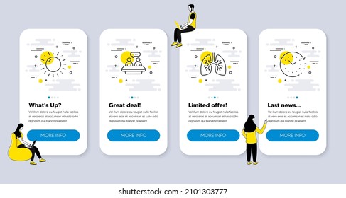 Vector Set of Science icons related to Employees talk, Lungs and Sun energy icons. UI phone app screens with people. Time change line symbols. Collaboration, Respiratory pneumonia, Solar power. Vector