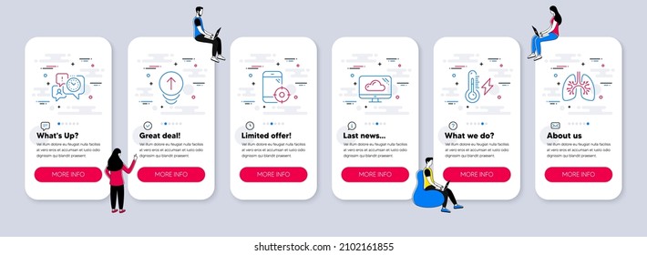 Vector Set of Science icons related to Seo phone, Time management and Swipe up icons. UI phone app screens with teamwork. Cloud storage, Electricity power and Lungs line symbols. Vector