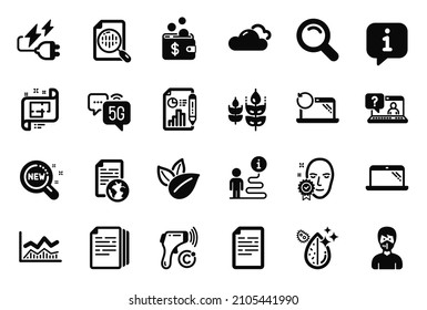 Iconos del conjunto de vectores de ciencia relacionados con documentos de Internet, iconos de Internet 5g y portátiles. Termómetro electrónico, Face verificada y Notificar señales de documentos. Búsqueda, producto orgánico y Faq. Vector